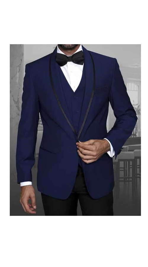 Men'S Sapphire 1 Button Blazer Shawl Lapel With Trim Sport Coat Dinner Jacket With Trim