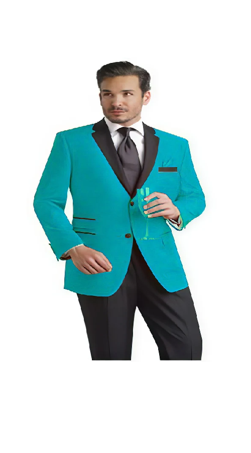 Men'S Slim Turquoise ~ Aqua & Black Lapel Tuxedo Dinner Jacket Blazer ~ Sport Coat + Free Black Vest & Black Pants Included