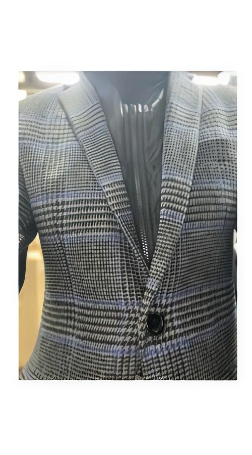 Mens Houndstooth Charcoal Grey With Blue Pattern Plaid Blazer - Windowpane Sport Coat