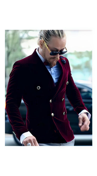 Burgundy Double Breasted Velvet Blazer - Velvet Sport Coat