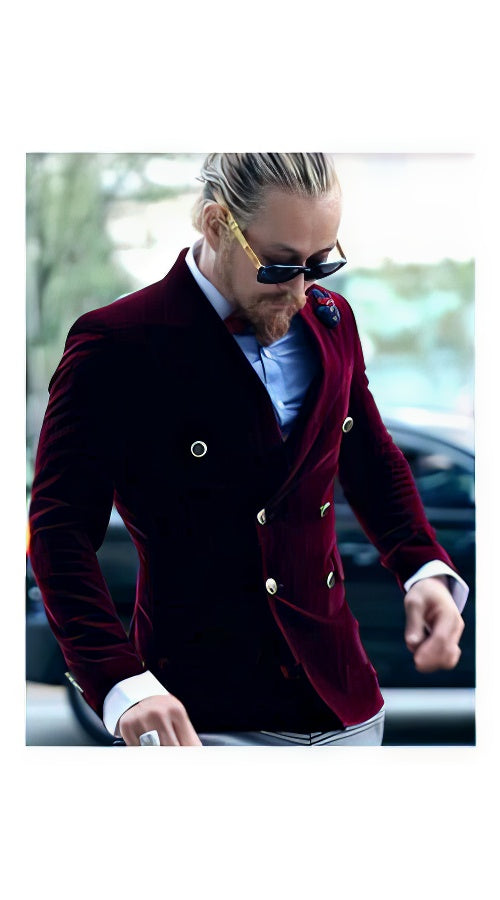 Burgundy Double Breasted Velvet Blazer - Velvet Sport Coat