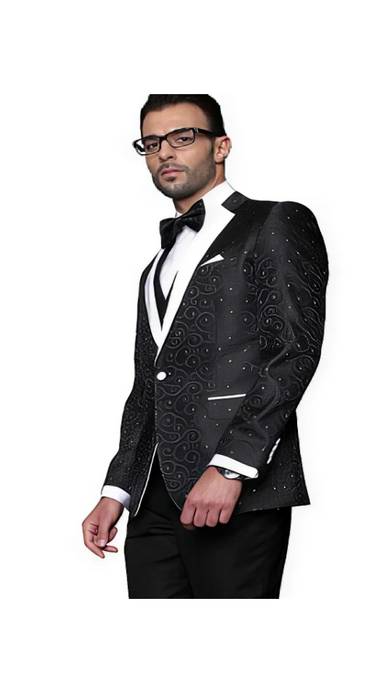 Men'S Black Paisely Patten Modern Fit Suits Vested Suit On Sale