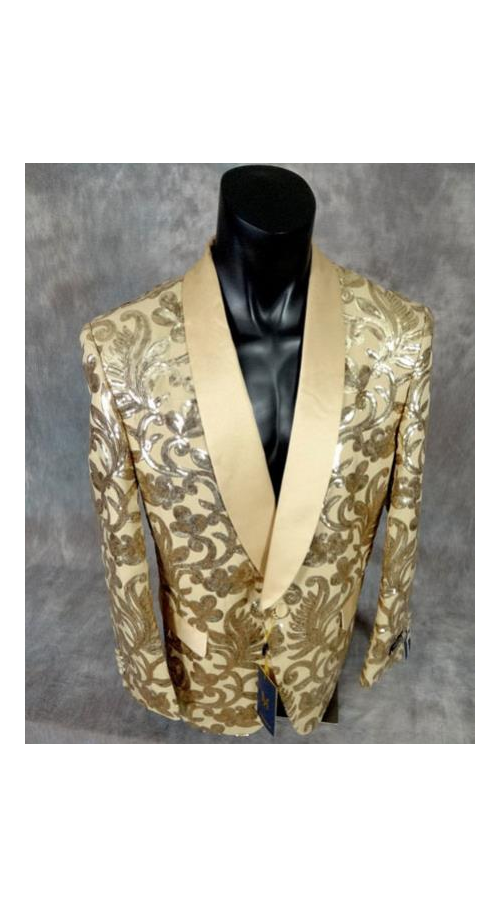 Men'S Shiny Sequin Fancy Floral Designed Gold Party Blazer