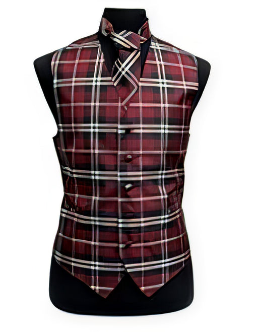 Men'S White/Burgundy ~ Wine ~ Maroon Color Slim Fit Polyester Plaid Design Dress Tuxedo Wedding Vest/Bow Tie Fashion Set - Men'S Neck Ties - Mens Dress Tie - Trendy Mens Ties