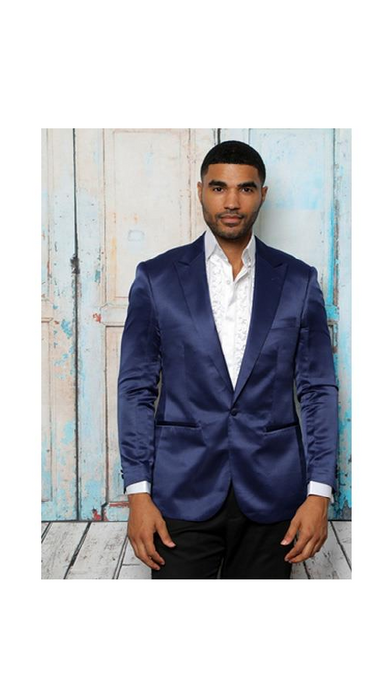 Men's Shiny Flashy Satin Solid Blazer ~ Sport Coat Navy Blue Available in 2 buttons