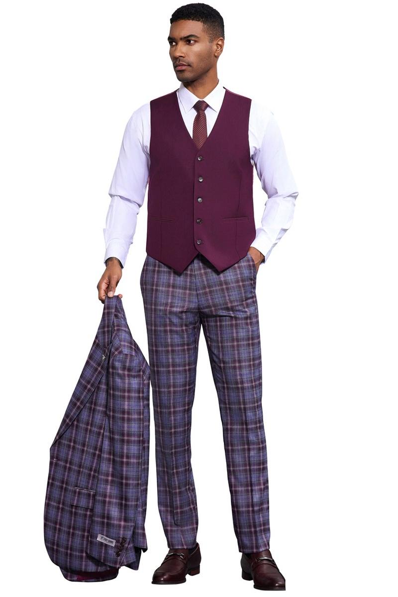 Men's Stacy Adams Bold Windowpane Plaid Print Vested Suit in Lavender & Purple - Image 4