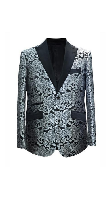 Men's Grey ~ Gray Silver Black / White Paisley Pattern Blazer