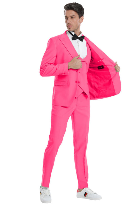 Graduation Suit - Men's Two Button Vested Peak Lapel Pastel Wedding & Prom Suit in Fuchsia Pink
