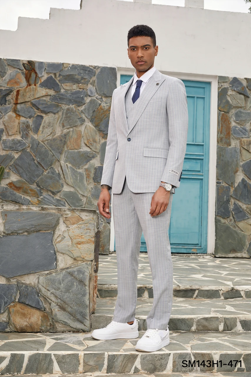 Mens Light Gray and Navy Pinstripe 3 Piece Suit – Peaky Blinders Inspired Vintage Gangster 1920s Suit Modern Fit