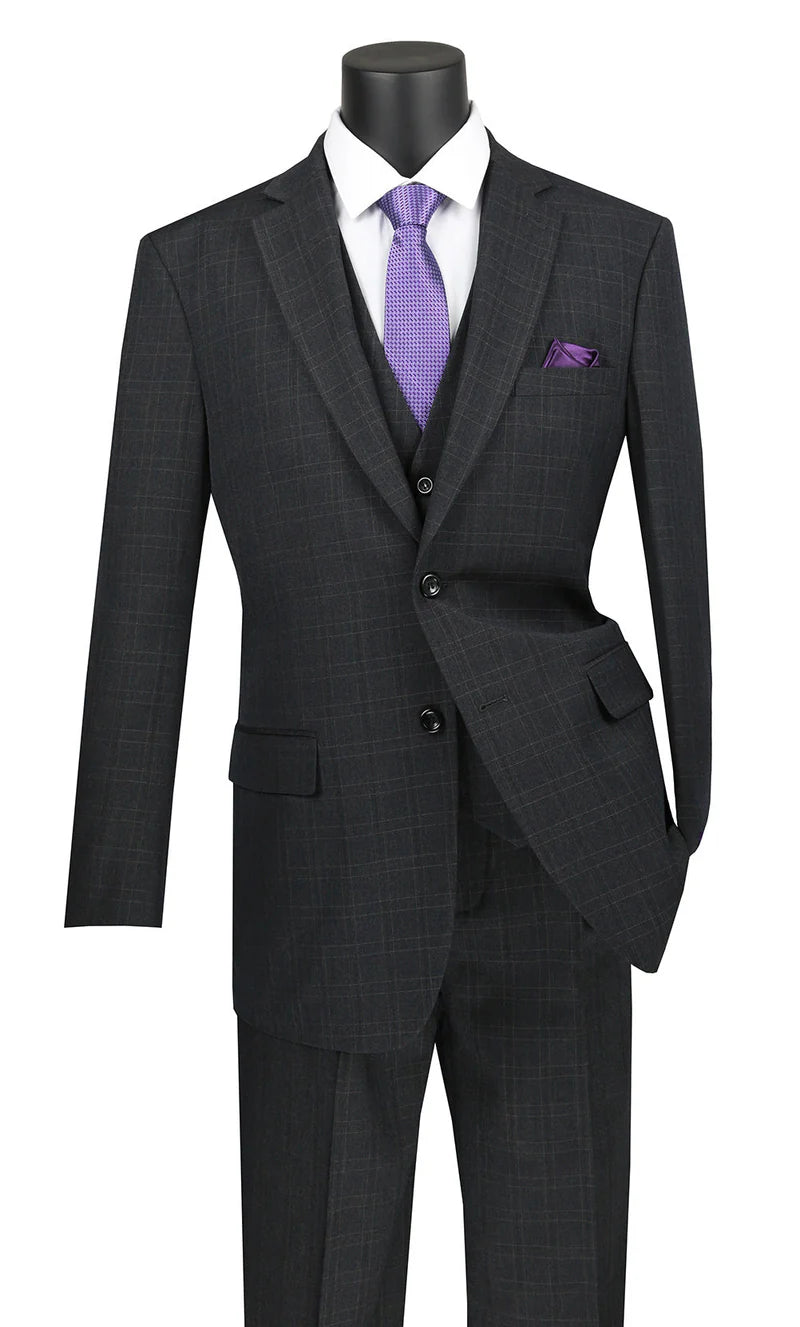 Olympia Collection - Glen Plaid Regular Fit Suit 3 Piece Black Modern Fit
