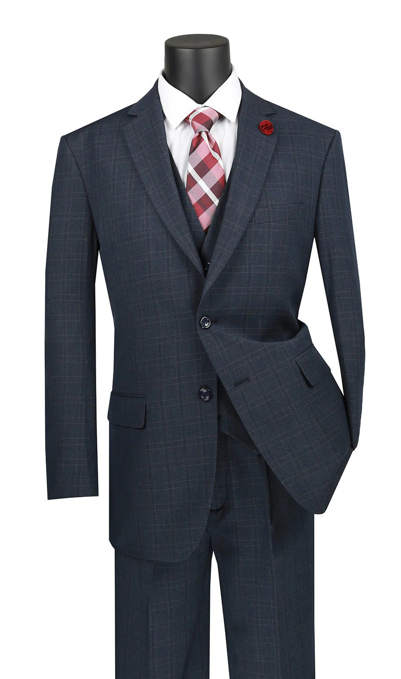 Olympia Collection - Glen Plaid Regular Fit Suit 3 Piece Navy Blue Modern Fit