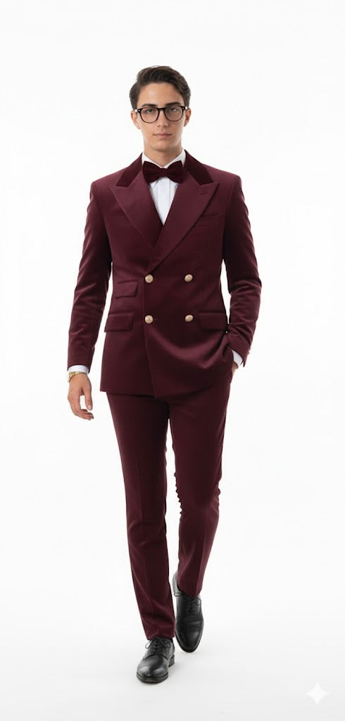 Velvet Suit - Double Breasted Suit - Burgundy Suit - Velvet Fabric Pants Slim Suit Style# DB22