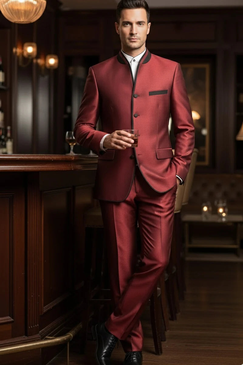 Mens Burgundy Sharkskin Mandarin Collar Tuxedo - 2 Piece Slim Fit Luxury Set
