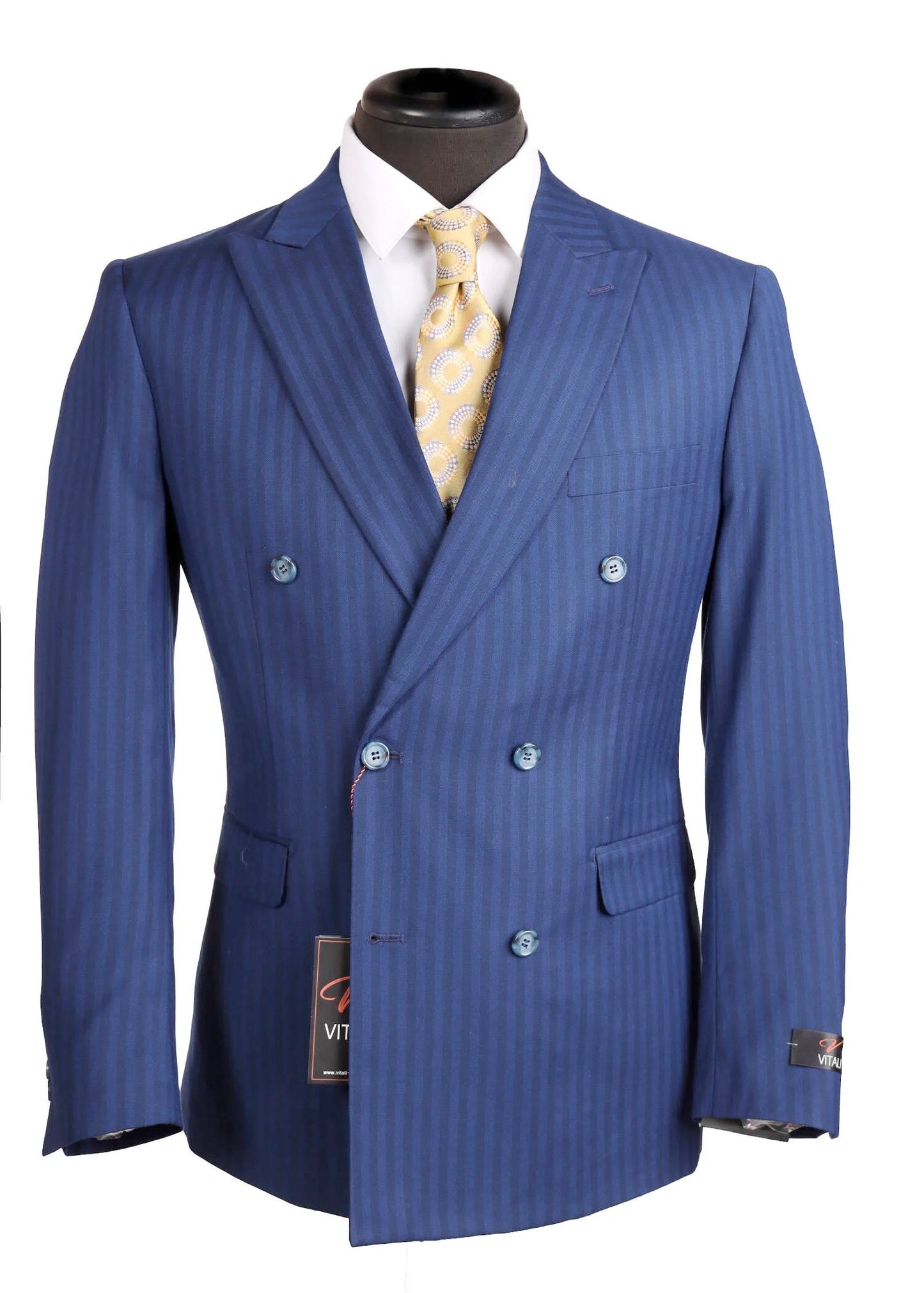 Vitali Mens Blue Tone on Tone Shadow Pinstripe Suit Set – Double Breasted Business Side Vented Modern Fit