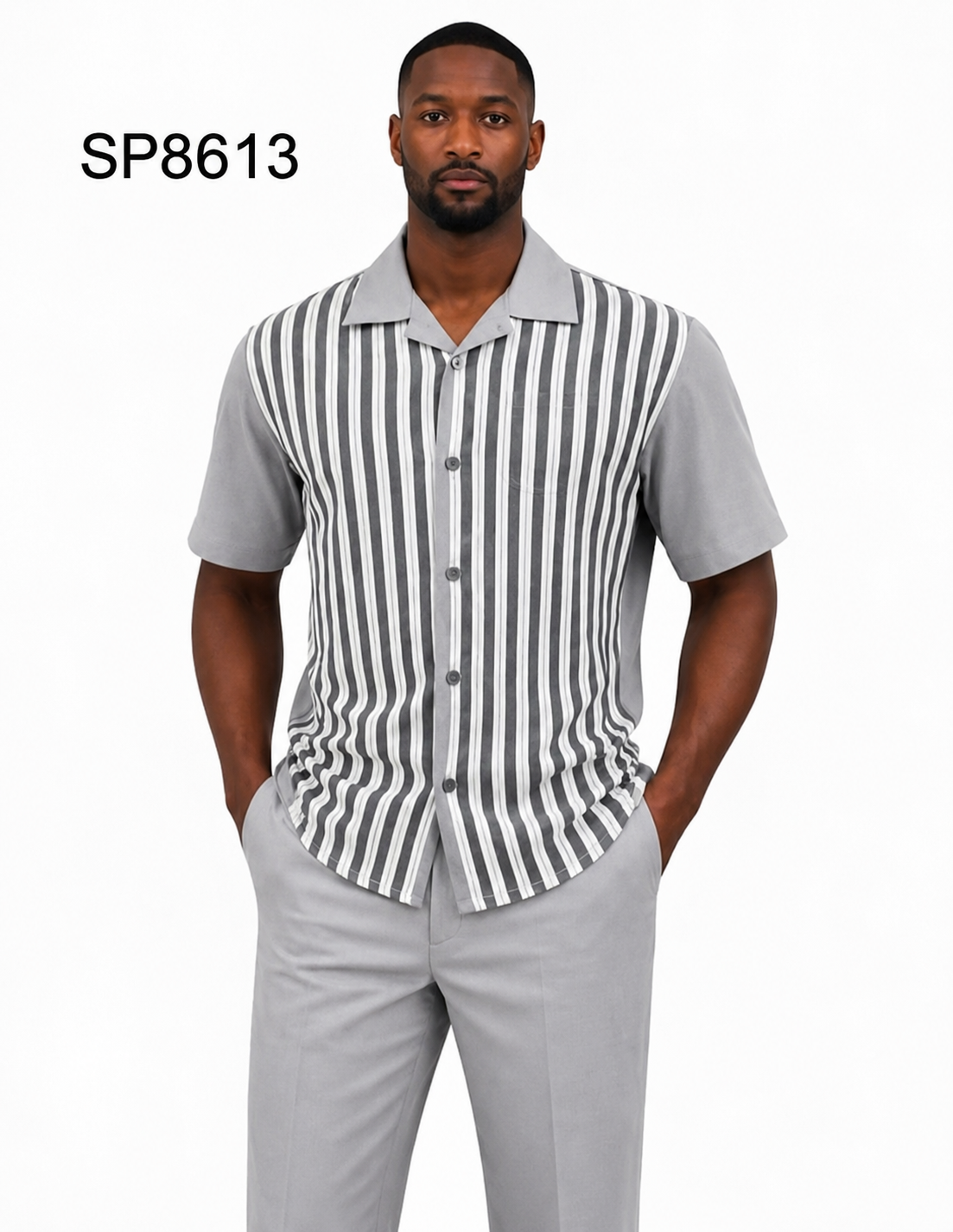 Men’s Light Gray Vertical Stripe Walking Suit Set – 2 Piece Short Sleeve Casual Outfit
