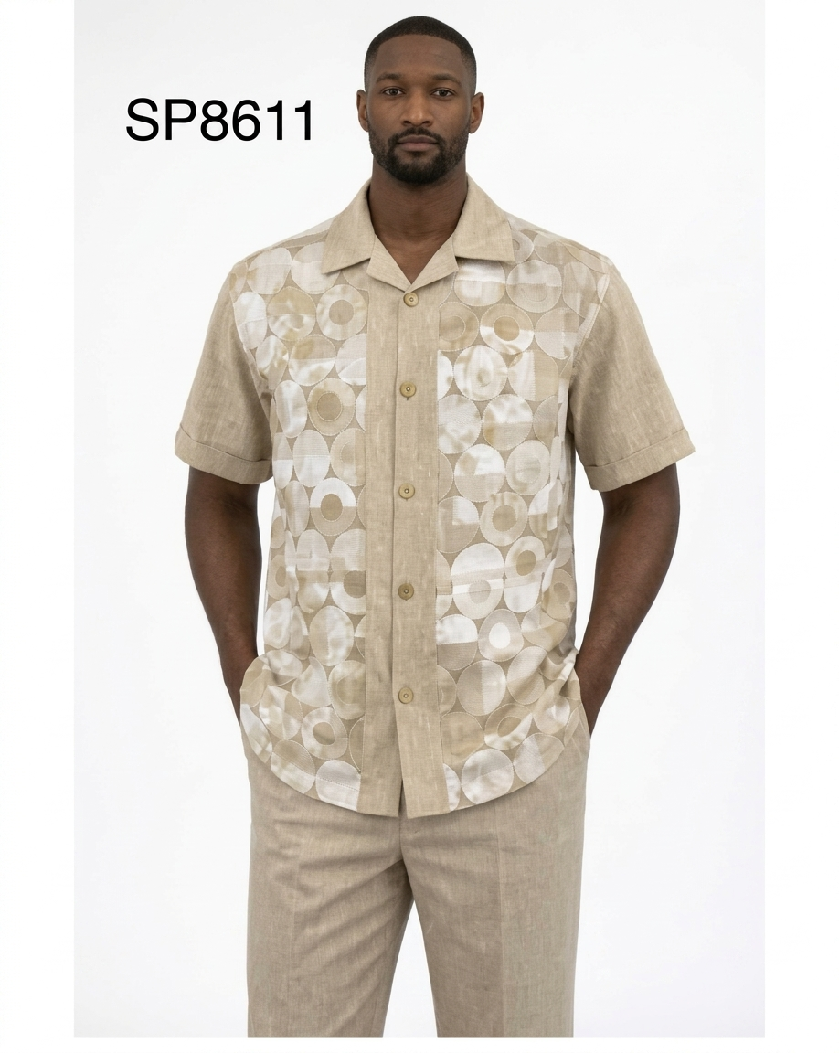 Men’s Beige Geometric Print Linen Walking Suit Set – 2 Piece Short Sleeve Casual Outfit