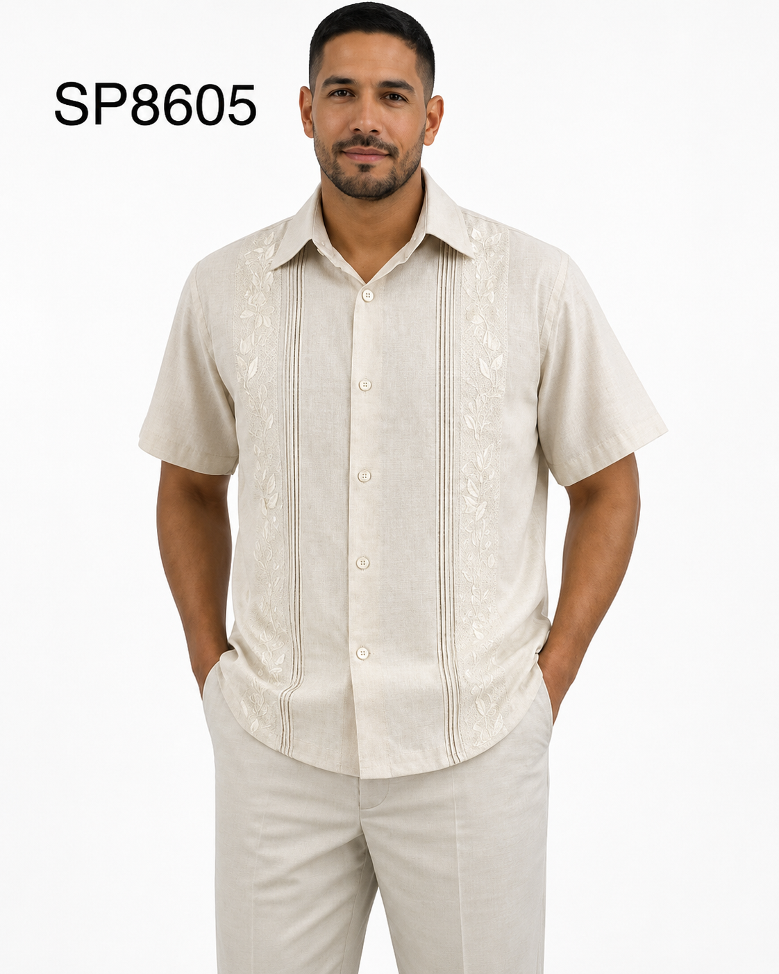 Men’s Stone Beige Embroidered Walking Suit Set – 2 Piece Short Sleeve Casual Outfit