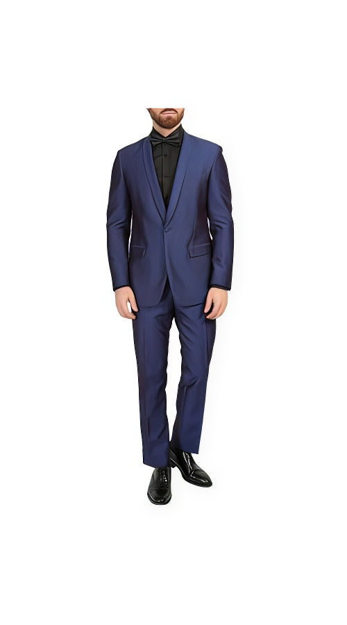 Men'S Navy One Button Shawl Lapel Slim Fit Tuxedo