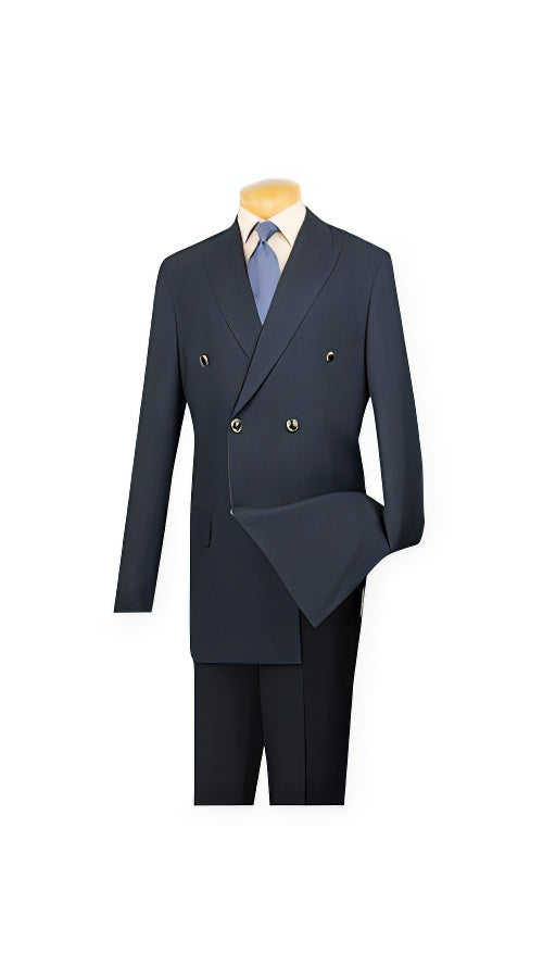 Men's Dark Navy 6 Button Men's Double Breasted Suits Jacket Blazer - Dark Blue Suit Color - Dark Blue Suit Color