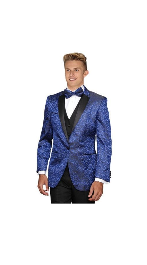 Men'S 1 Button Royal Blue Floral Sateen Unique Paisley Sport Coat Sequin Shiny Flashy Silky Satin Stage Blazer / Sport Coat / Dinner Jacket Blazer Looking