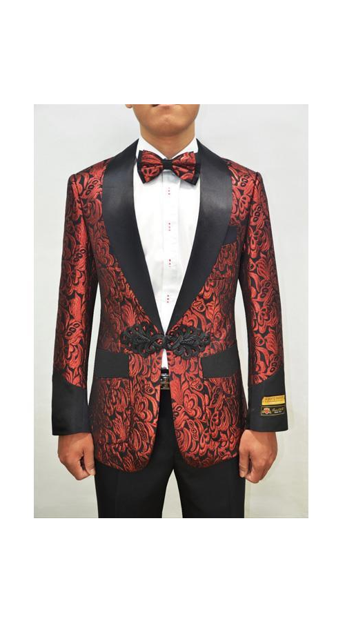 Smoking-2 Men's Smoking Cocktail Dinner Jacket Shawl Collar Floral Paisley Flashy Fancy Cheap Priced Blazer Jacket For Men Red ~ Black (Pre back order For Jan 15 2020)