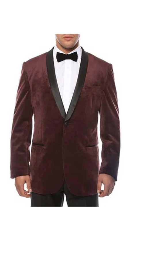 Men's 1 Button Burgundy ~ Wine ~ Maroon Blazer - Sport Coat Shawl Lapel Black Velvet  Sheen Two Toned With Black Lapel Side Vented Men's blazer Burgundy Blazer - Sport Coat