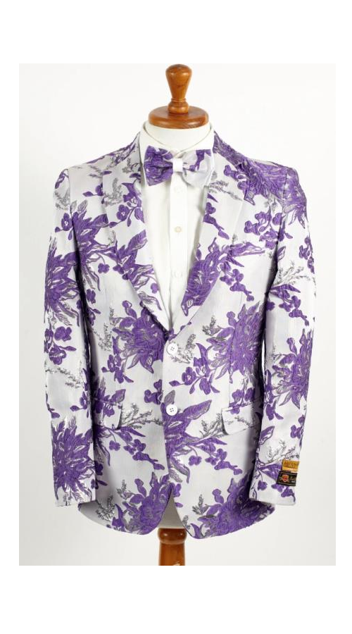 Mens Two Button White ~ Lavender Purple Paisley Pattern Blazer Bowtie Included