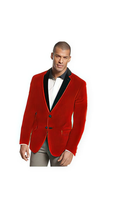 Two Tone Trim Notch Collar ~ Red Velvet velour Blazer Jacket Formal Cheap Priced Blazer Jacket For Men Tuxedo Jacket~Sport Coat - Red Tuxedo