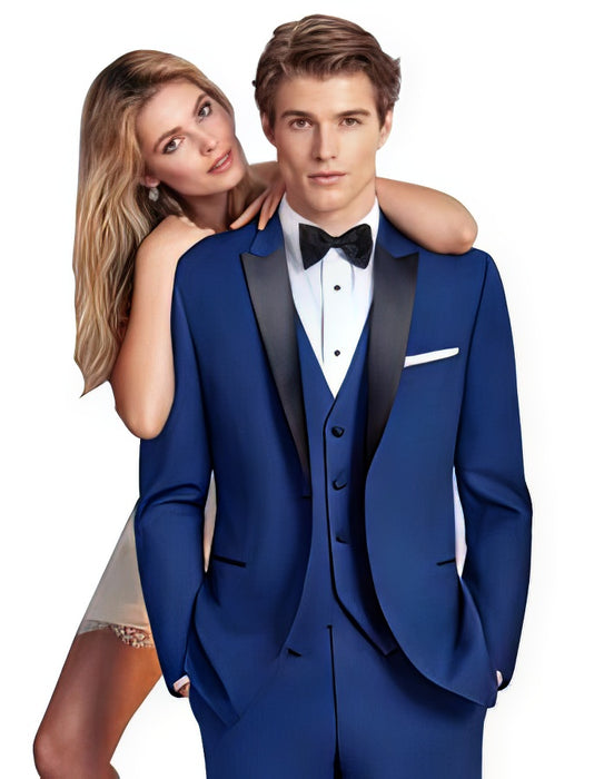 Men's Indigo Blue - Saphire - Cobalt Blue Suit Black Satin Peak Lapel 1 Button Vested Tuxedo