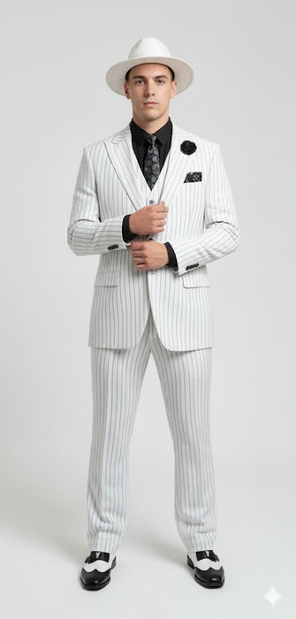 White and Black Pinstripe Vested Suit + Matching White Hat + Shirt And Tie - Gangster Suit