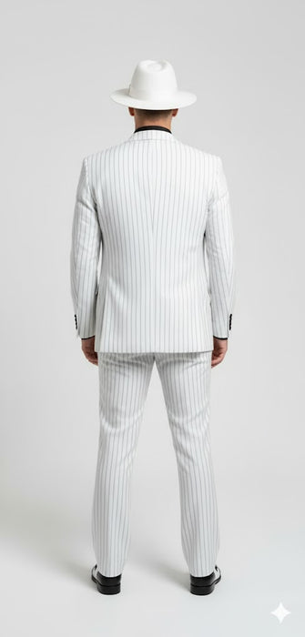 White and Black Pinstripe Vested Suit + Matching White Hat + Shirt And Tie - Gangster Suit