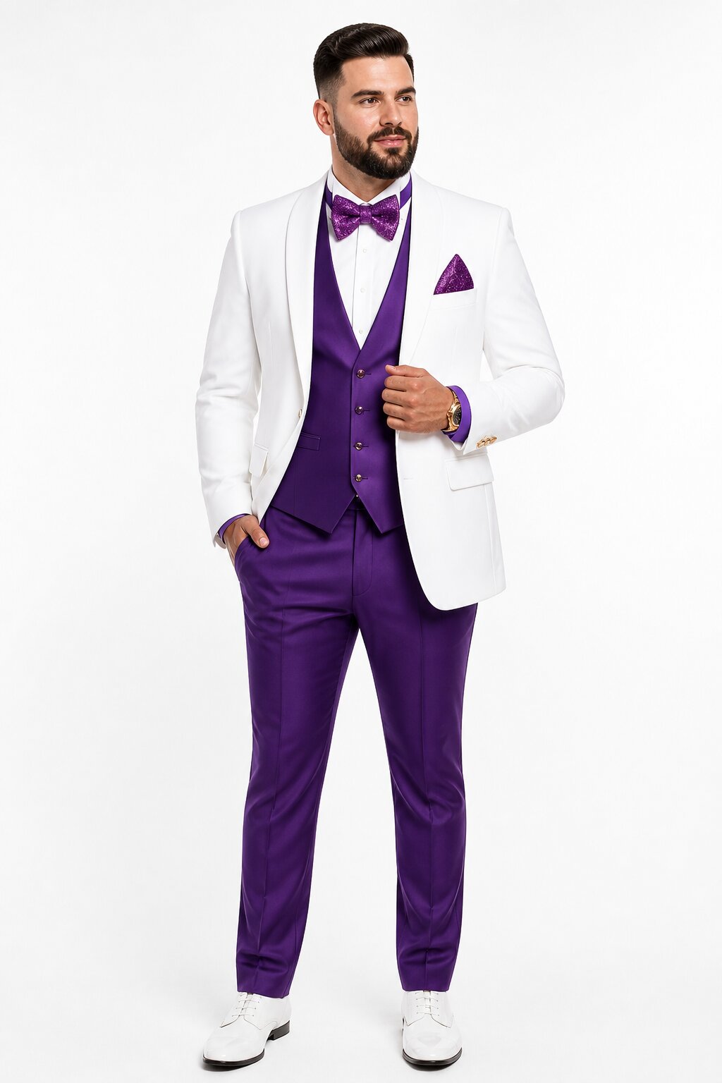 White and Purple Tuxedo Wedding Suit - White Dinner Jacket + Vest + Pants + Bow-tie