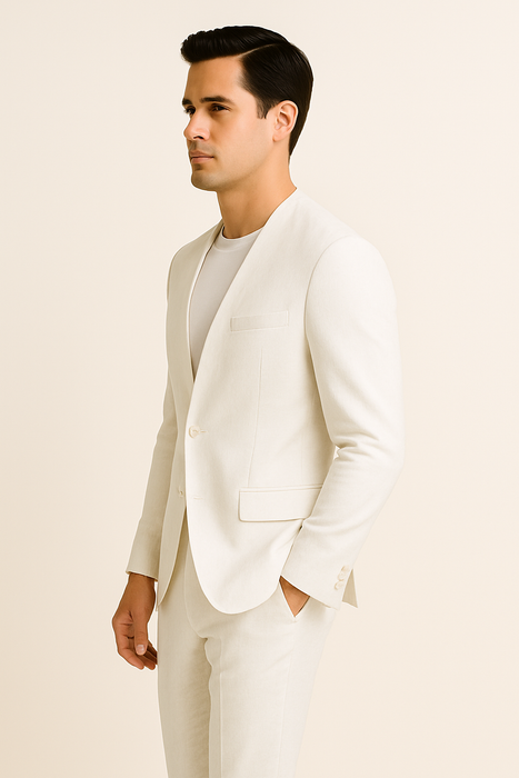White Linen Suit For Summer - Collarless Blazer and Pants Collarless Lapel - No Lapel Casual!