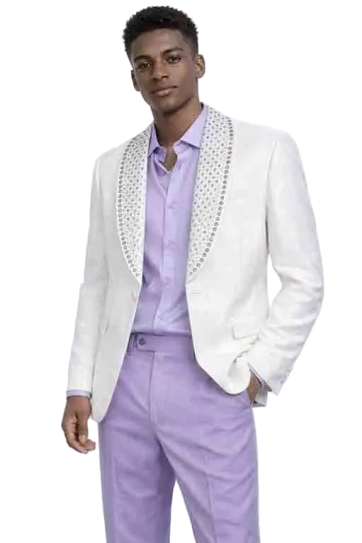 Mens White Rhinestone Shawl Lapel Blazer – Slim Fit Luxury Tuxedo Style Jacket for Wedding and Party Wear
