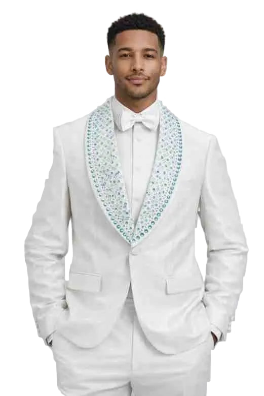 Mens White Embellished Tuxedo Suit – Slim Fit Formal Suit with Crystal Shawl Lapel for Wedding and Party Wear