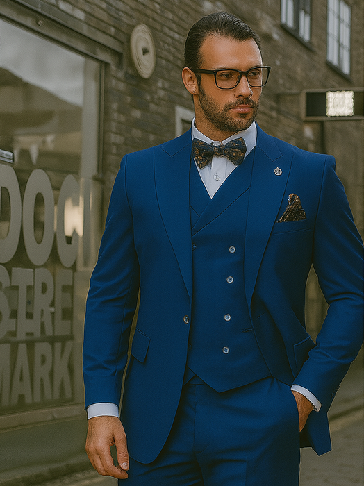 Wide leg Suits - Classic Fit Suits - Athletic Fit Suits 1 Button Vested Suits - Wool Sapphire Suits