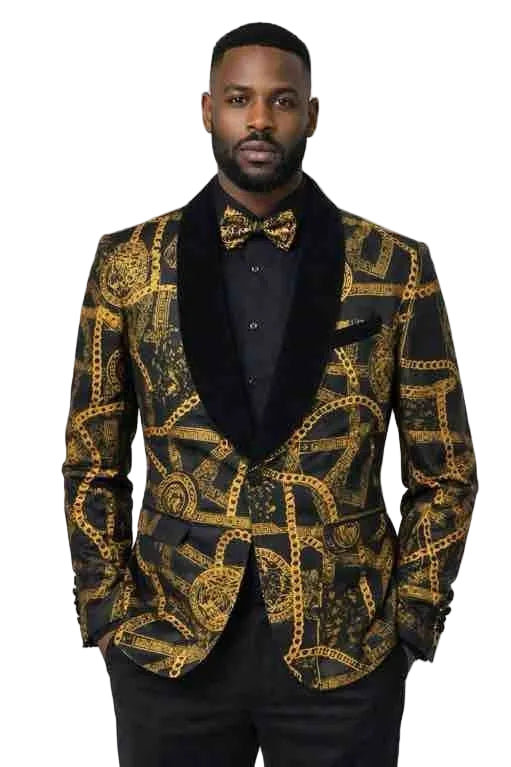 Mens Black Gold Chain Print Velvet Lapel Prom Blazer – Luxury Fashion Party Dinner Jacket