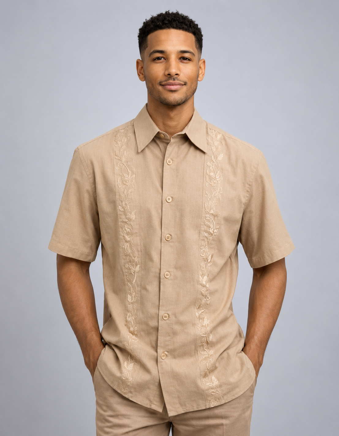 Men’s Sand Beige Embroidered Walking Suit Set – 2 Piece Short Sleeve Casual Outfit