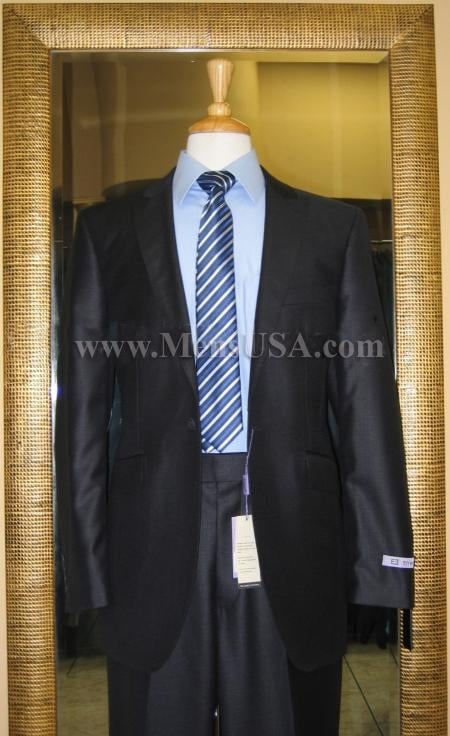 hugo boss suits, 60% Wool 30% Silk 10% Viscose., Effetti 1 Button Peak Lapel Semi-Canvas Suit., Jacket Has Peak Lapels, Pick Stitching and is Fitted Cut With 1 Center Vent with custom details in front and the back., Pants are Flat Fronts, lined to the knees and are standard drop 6 (i.e. The Pants are 6 sizes smaller that the jacket. For example, 40R jacket comes with 34 waist pants)., Colors: Navy Sharkskin.,, 1 Button Navy Solid 1 WoolFlat Front Fitted Suit