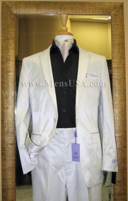 Mensusa Products 2 Button Shiny OffWhite Double Vented Cotton Blend Flat Front Fitted Suit