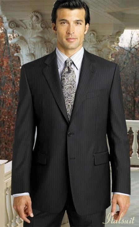 2pc 2 btn Pinstripe Charcoal Grey Suit Super's with Hand Pick Stitching on Lapel