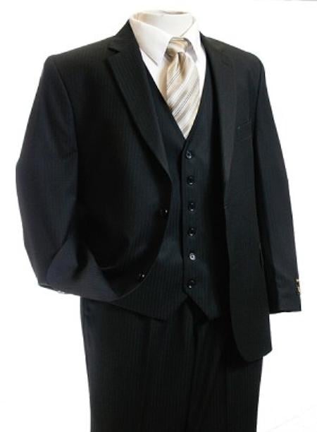3 Piece 2 Button Black Vested  Suit Mens