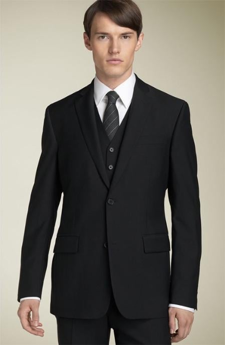 Mensusa Products 3pc 2 Button Black Super's Wool Suit with Hand Pick Stitching on Lapel