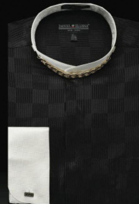 SKU BK809 Fancy Banded Collar French Cuff Shirt Black Ivory 49