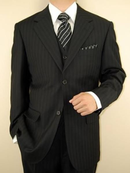 Mensusa Products Mens Black Ton on Ton Stripe Vested 3 Piece three piece suit Jacket + Pants + Vest