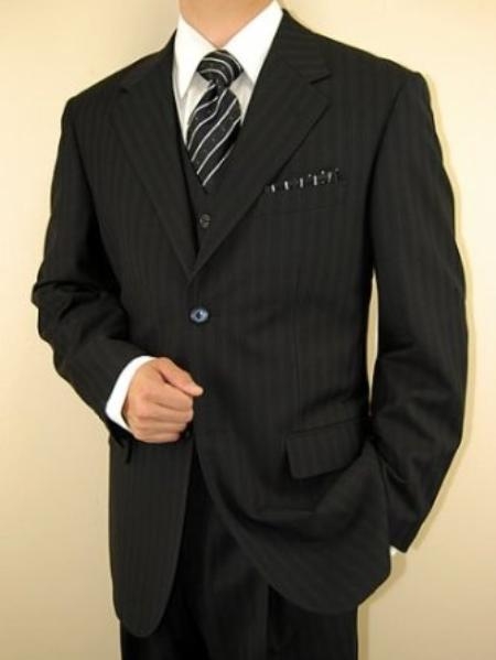 Mensusa Products Mens Black Ton on Ton Shadow Stripe Vested 3 Piece three piece suit Jacket + Pants + Vest