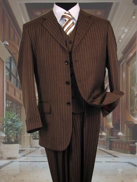 Mensusa Products Mens Brown With Cream Pinstripe Vested 3 Piece three piece suit Jacket + Pants + Vest