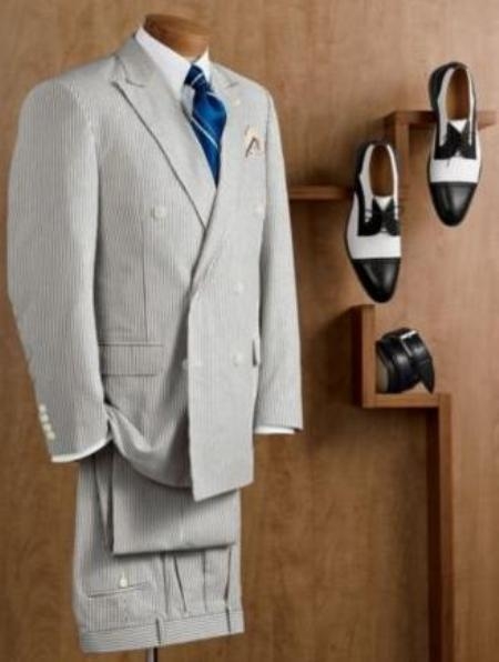 Stay Cool  Seersucker Suit  - Double Breasted Suit Vented (Jacket + Pants) Mens Suit Blue
