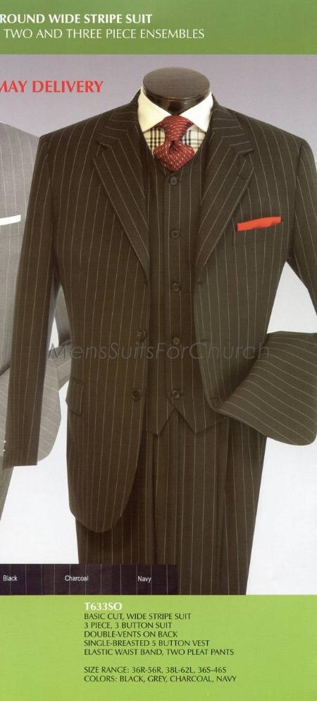 Formal Mens 3 Piece Suit - Black Stripe 3 Button Suit with Wide Peak Lapel Single Breasted with Vest