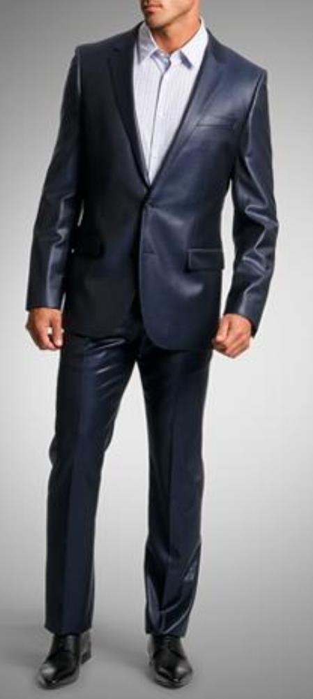 Mensusa Products Shiny sharkskin Single Breasted Mens Suit SideVented Navy Blue
